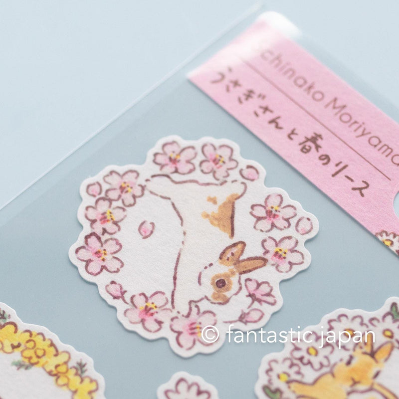 Schinako Moriyama washi sticker -Rabbits and spring wreath-