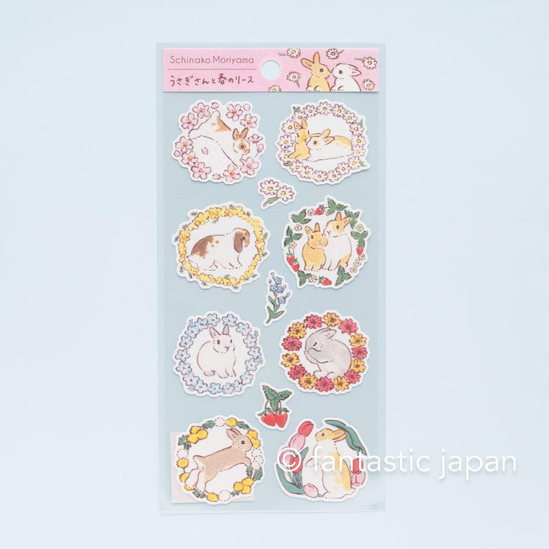 Schinako Moriyama washi sticker -Rabbits and spring wreath-