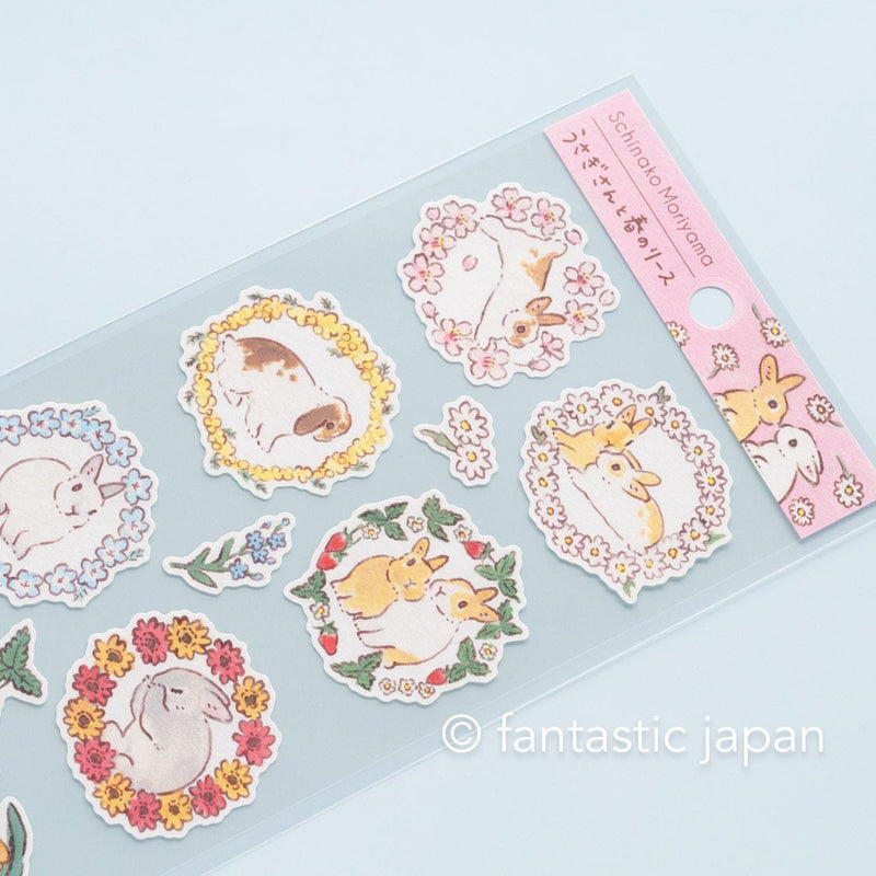 Schinako Moriyama washi sticker -Rabbits and spring wreath-