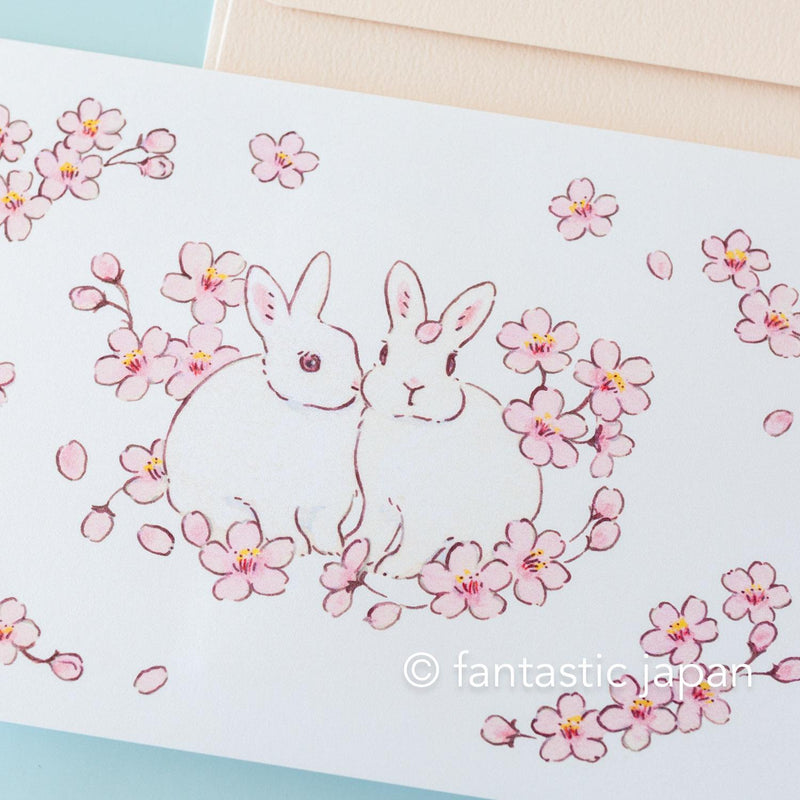 Schinako Moriyama greeting card -Rabbits in the cherry blossoms-