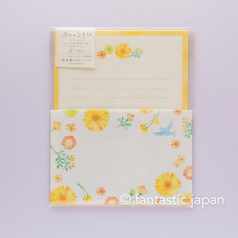 Japanese washi letter writing set -blue bird in yellow flowers- / FURUKAWA SHIKO/