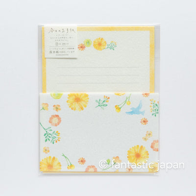 Japanese washi letter writing set -blue bird in yellow flowers- / FURUKAWA SHIKO/