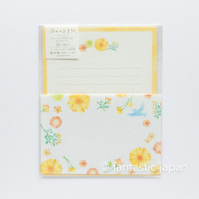 Japanese washi letter writing set -blue bird in yellow flowers- / FURUKAWA SHIKO/