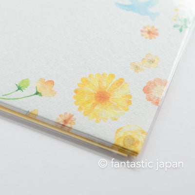 Japanese washi letter writing set -blue bird in yellow flowers- / FURUKAWA SHIKO/