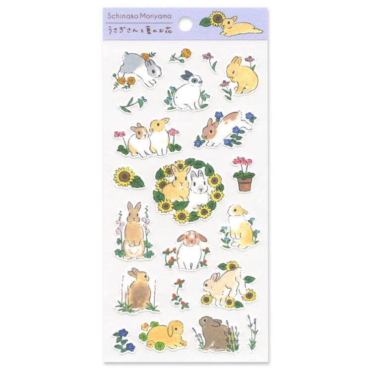 Schinako Moriyama washi sticker -Rabbits and summer flowers-