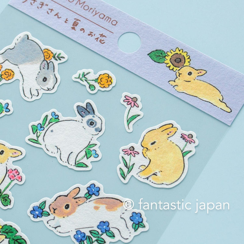 Schinako Moriyama washi sticker -Rabbits and summer flowers-