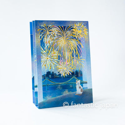Greeting card -Cat looking up at fireworks-
