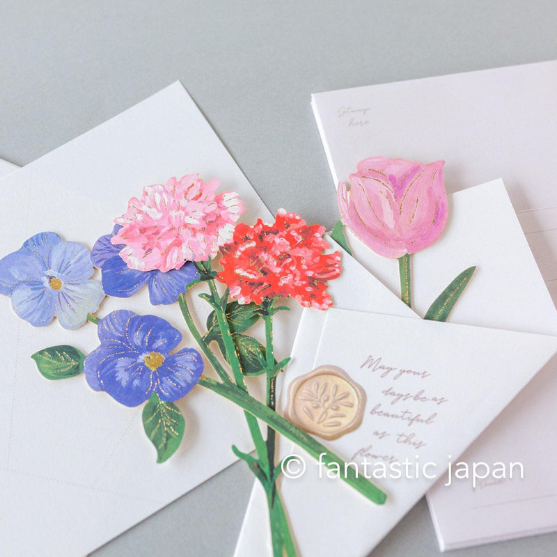flower market greeting card -tulip, carnation, pansy-