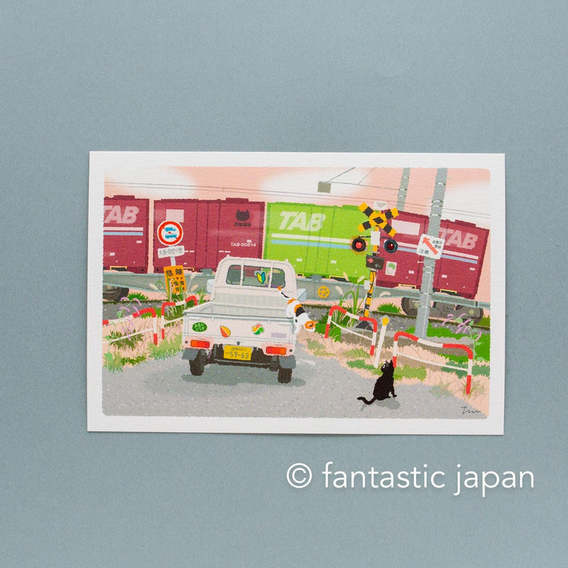 tabi-neko post card -Railroad Crossing and a Freight Train-