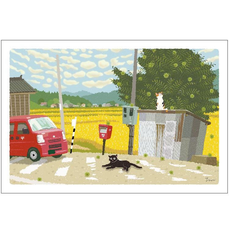 tabi-neko post card -The Chestnut Tree and the Mail Truck-