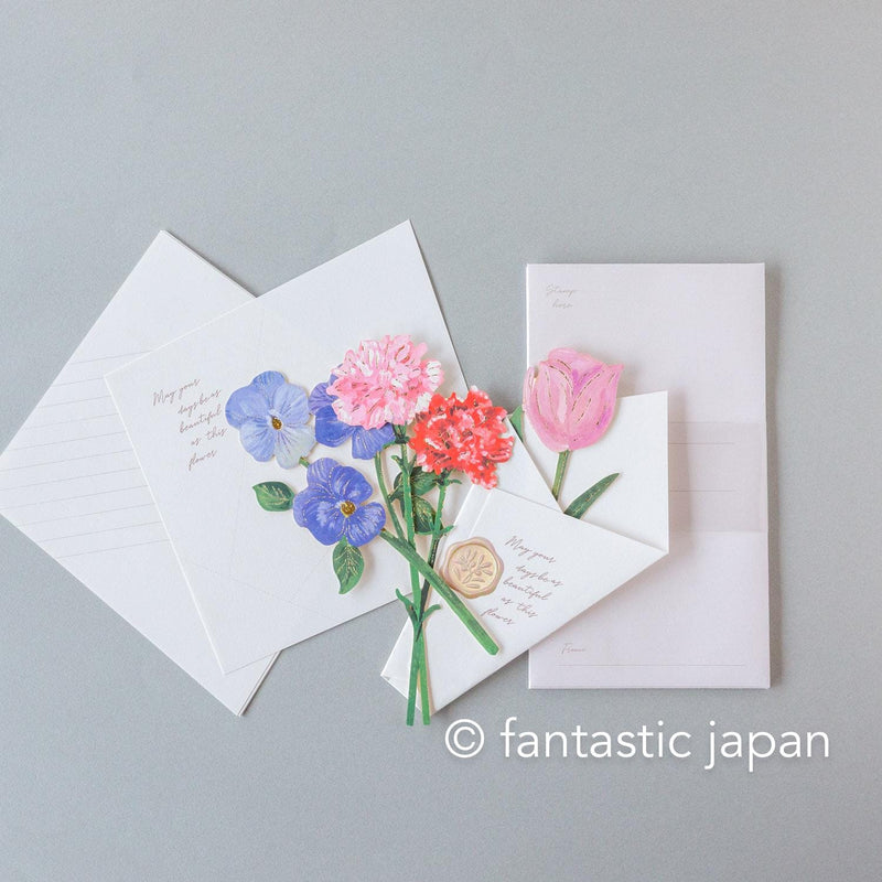 flower market greeting card -tulip, carnation, pansy-