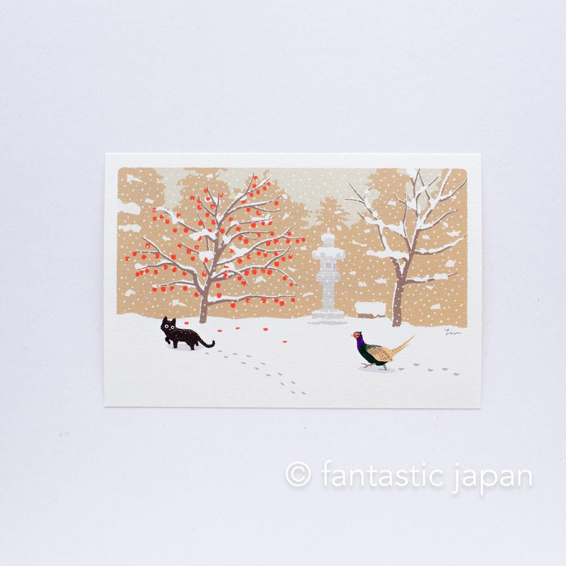 tabi-neko post card -chased by a pheasant-