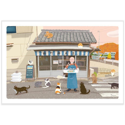tabi-neko post card -The Fishmonger of Cat Town-