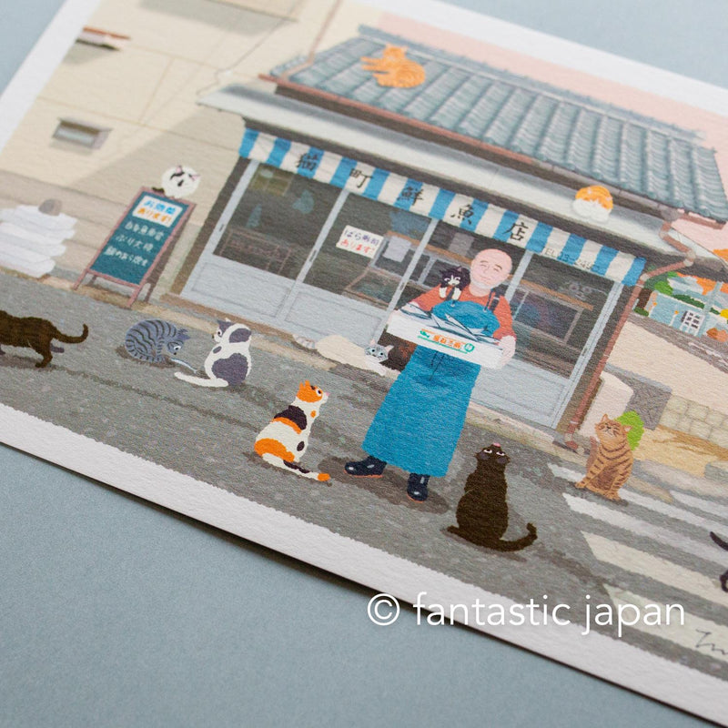 tabi-neko post card -The Fishmonger of Cat Town-