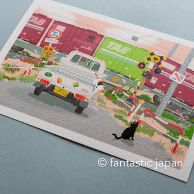 tabi-neko post card -Railroad Crossing and a Freight Train-