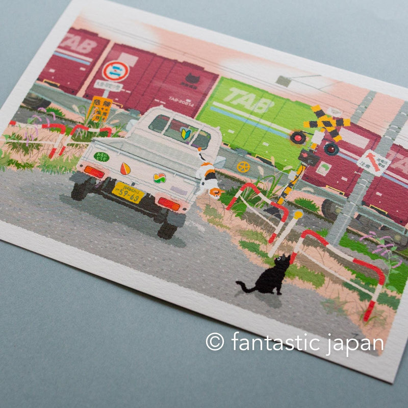 tabi-neko post card -Railroad Crossing and a Freight Train-