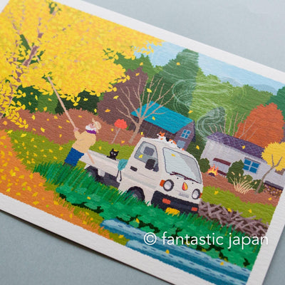 tabi-neko post card -Ginkgo Leaf Fall-