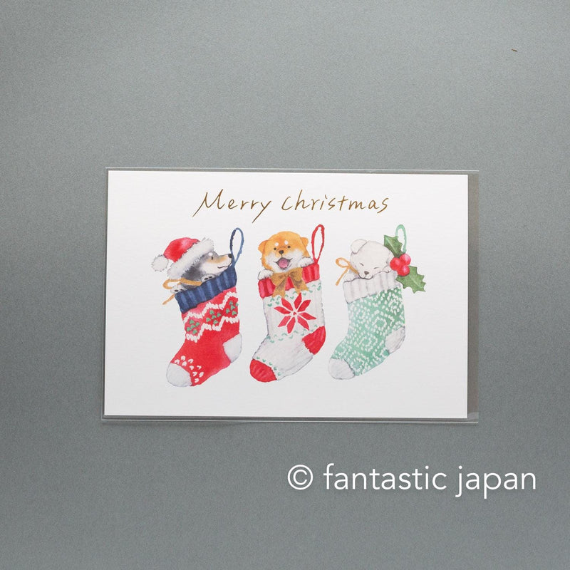 Murata Natsuka post card -Shiba Inu in a Christmas Stocking-