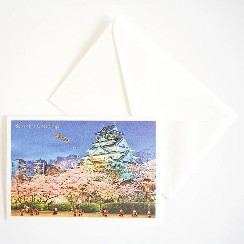 Christmas card / A tiny Santa traveling through Japan -Osaka catsle-