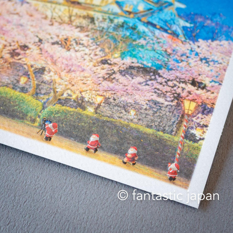 Christmas card / A tiny Santa traveling through Japan -Osaka catsle-
