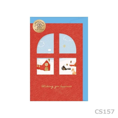 Greeting card with window -A snowy landscape and a cottage-