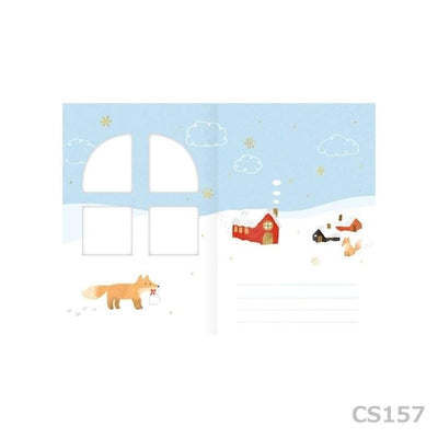 Greeting card with window -A snowy landscape and a cottage-