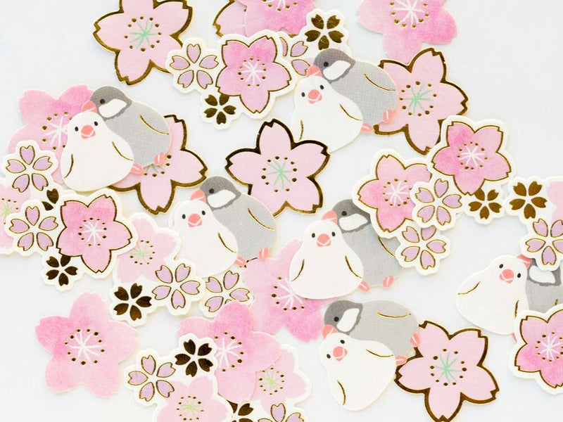 Die-Cut Stickers -Java sparrows and cherry blossom-