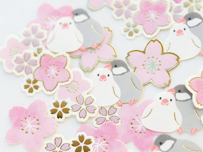 Die-Cut Stickers -Java sparrows and cherry blossom-
