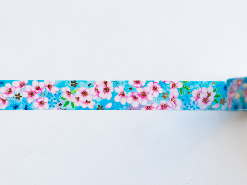 Masking Tape -Pink flowers in blue-