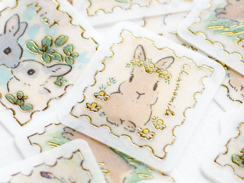 Die-cut flake stickers -rabbit and flower stamps-