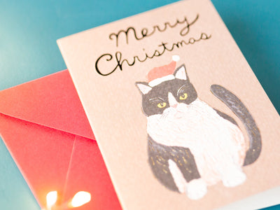 Christmas mini card "Cat Santa clause-Tuxedo-"