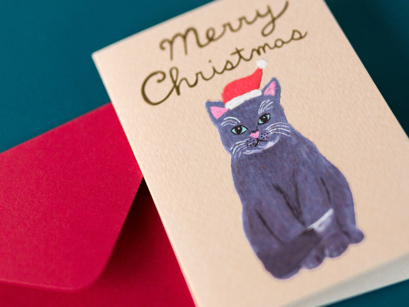 Christmas mini card "Cat Santa clause-Russian blue-"
