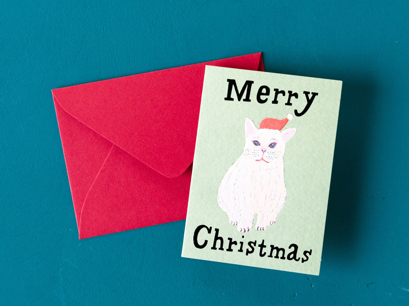 Christmas mini card "Cat Santa clause-White cat-"