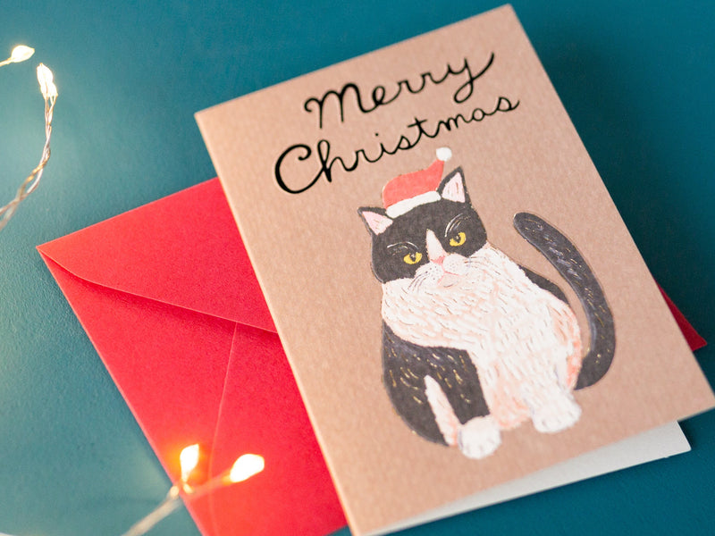 Christmas mini card "Cat Santa clause-Tuxedo-"