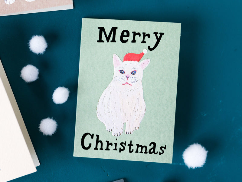Christmas mini card "Cat Santa clause-White cat-"