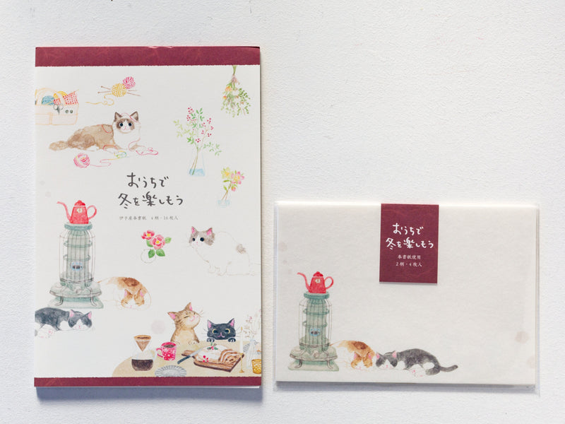 Japanese Washi Writing Letter Pad and Envelopes -house cats in winter- / traditional Iyo Washi stationery set / made in Japan