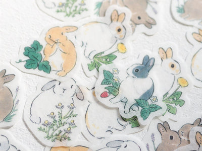 Die-cut flake stickers -rabbit and wild flowers-