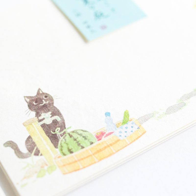Washi Writing Letter Pad and Envelopes -Black cat in Japanese summer-