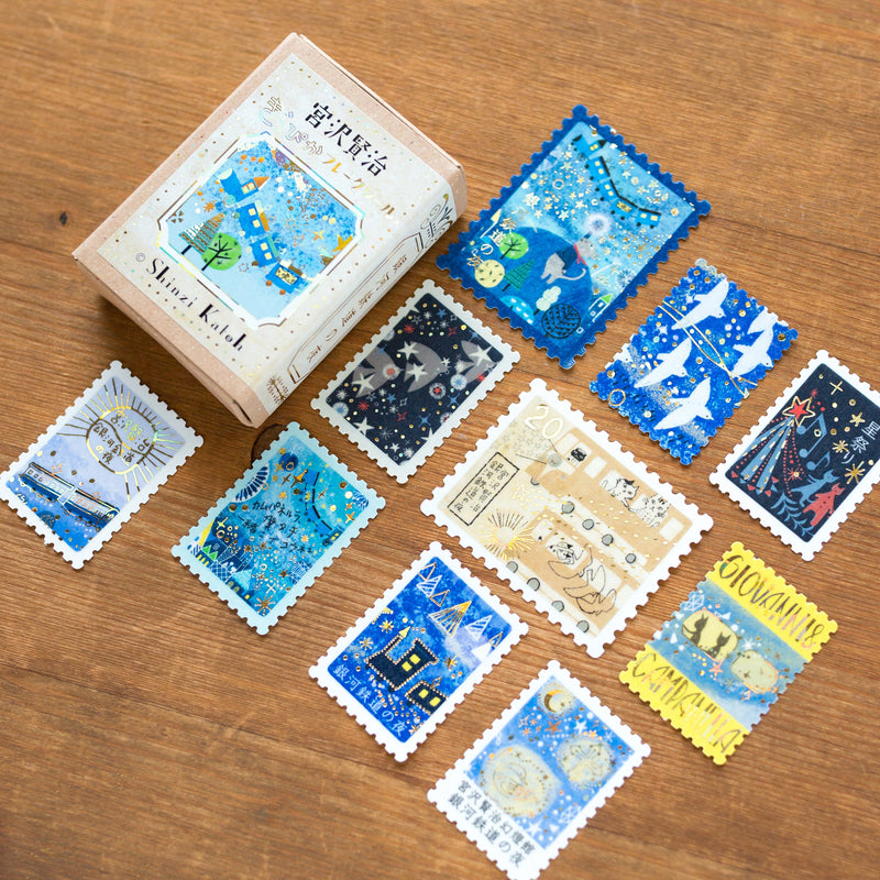 Postage flake stickers in a match box -The Night of the Milky Way Train-
