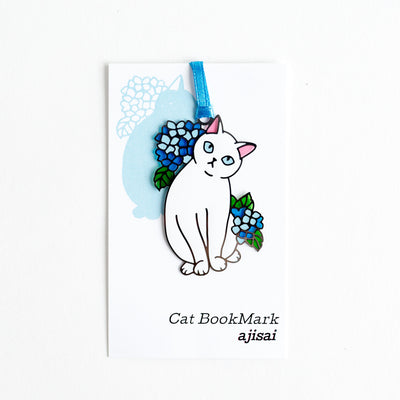 Stained glass style bookmark -white cat with hydrangea-