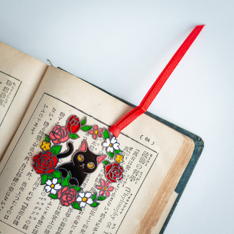 Stained glass style bookmark -black cat in rose wreath-