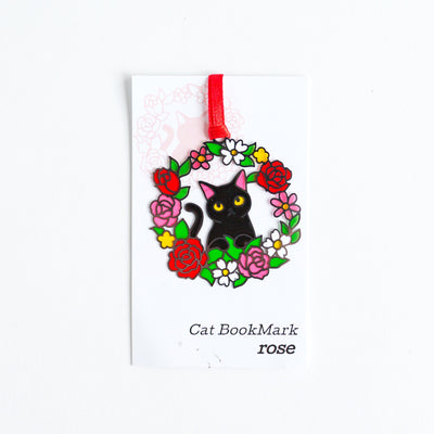 Stained glass style bookmark -black cat in rose wreath-
