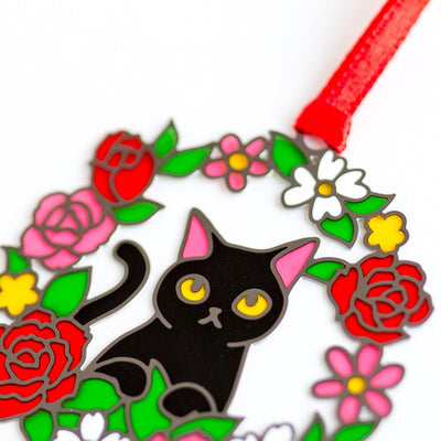Stained glass style bookmark -black cat in rose wreath-