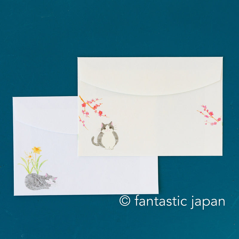Japanese Washi Writing Letter Pad and Envelopes -Cats in winter garden-