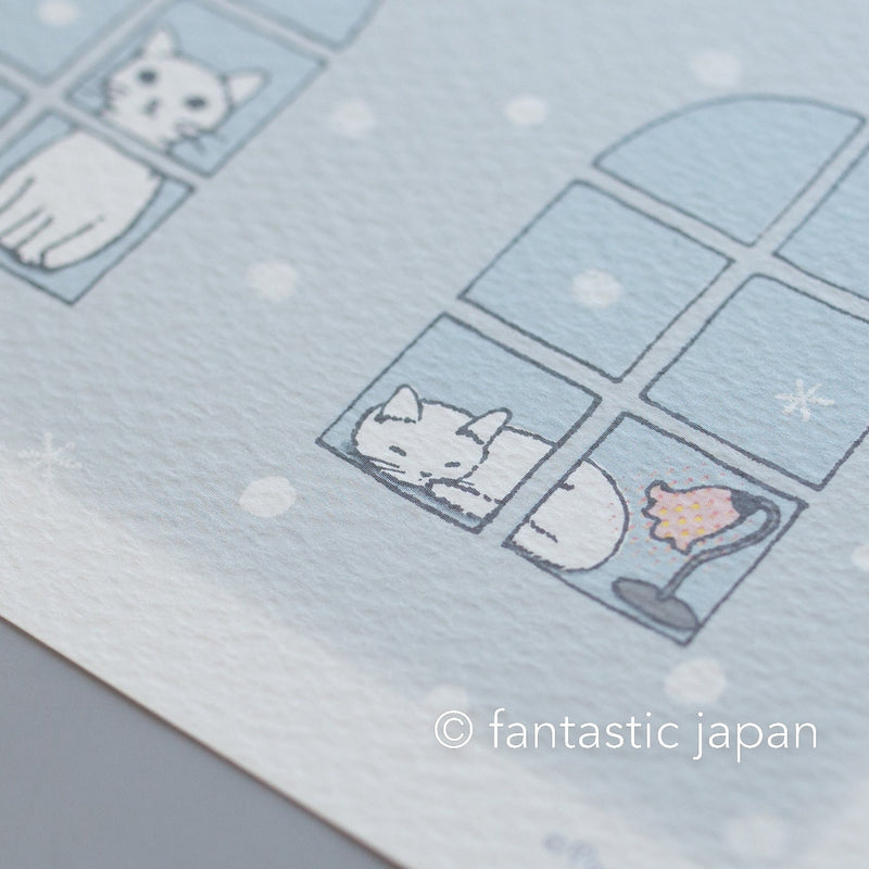 Pottering Cat post card -snowing-