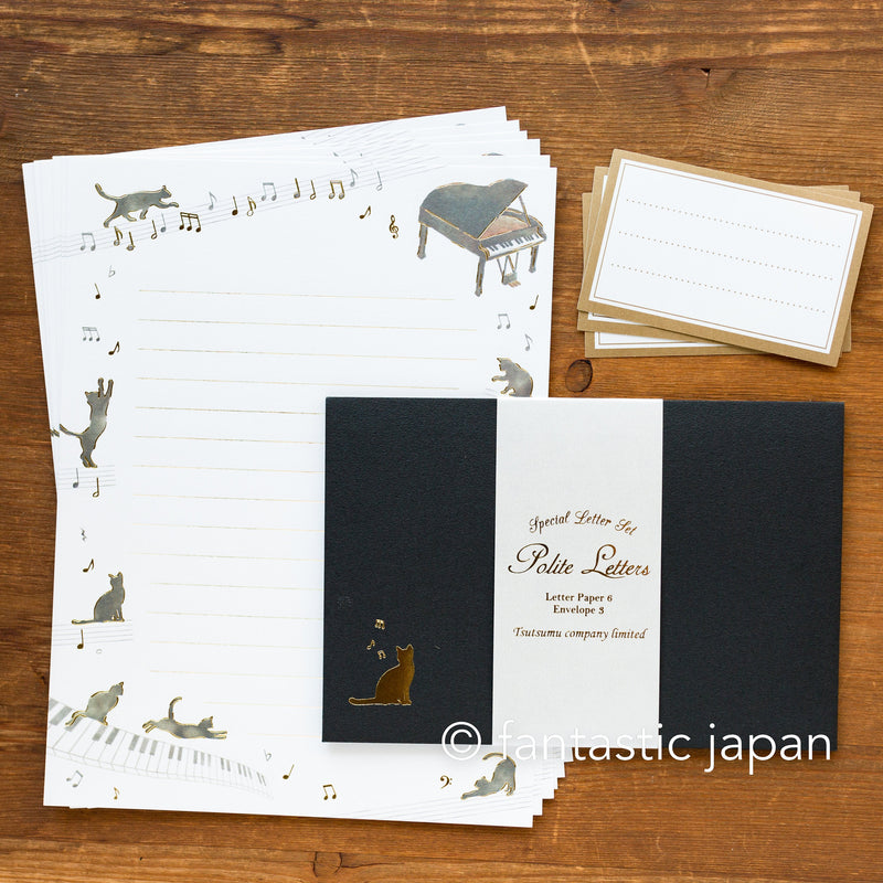 Gold foiled Letter Writing set -Polite letters "cat and music"- by Tsutsumu company limited