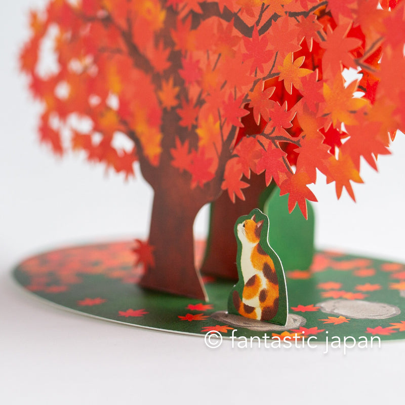 Greeting card -Cat looking up at autumn leaves-
