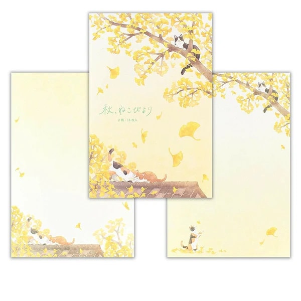 Japanese Washi Writing Letter Pad and Envelopes -Cats playing in Autumn-