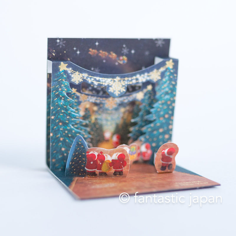 Christmas tiny pop up card -mini mini Santa Clauses in the forest illumination-