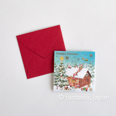 Christmas tiny pop up card -mini mini Santa Clauses in forest house-